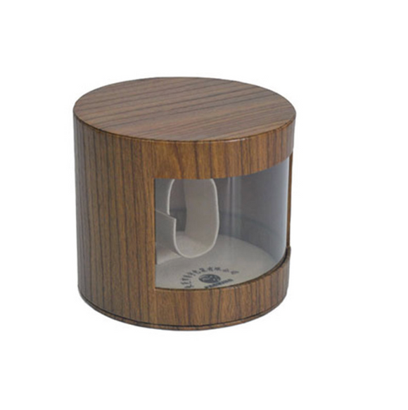 round wooden watch box with glass window