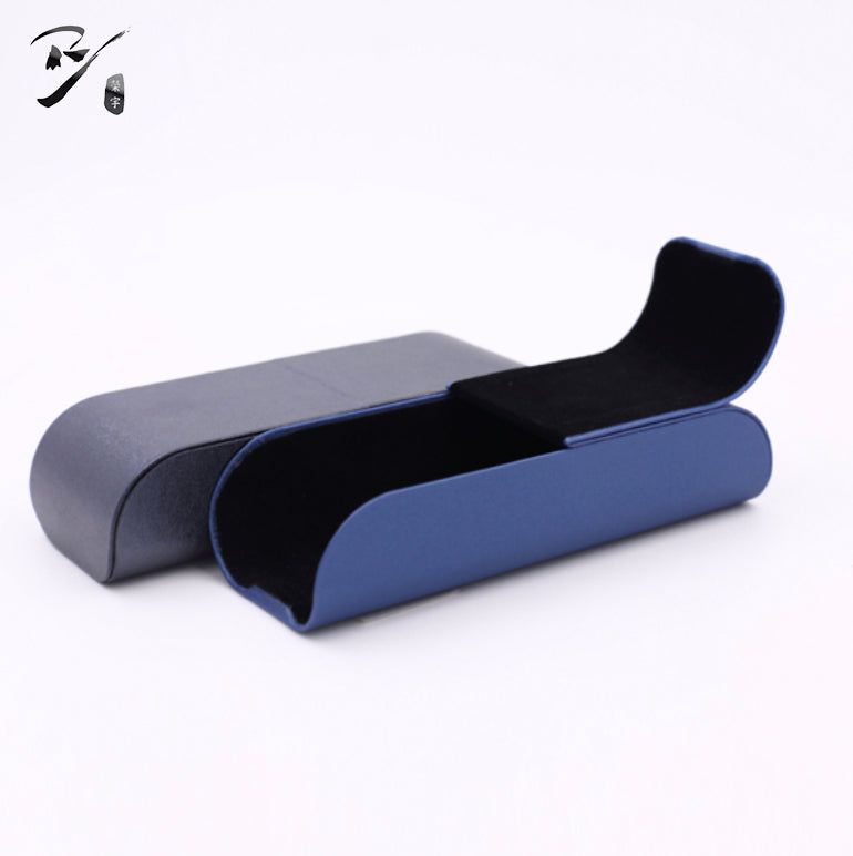 Elongated handmade eyewear case with an arched slip-in two-piece structure and rounded corners