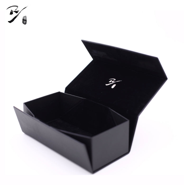 Open boxy rectangular foldable triangle eyewear Folding Case with sharp corners and lined interior.